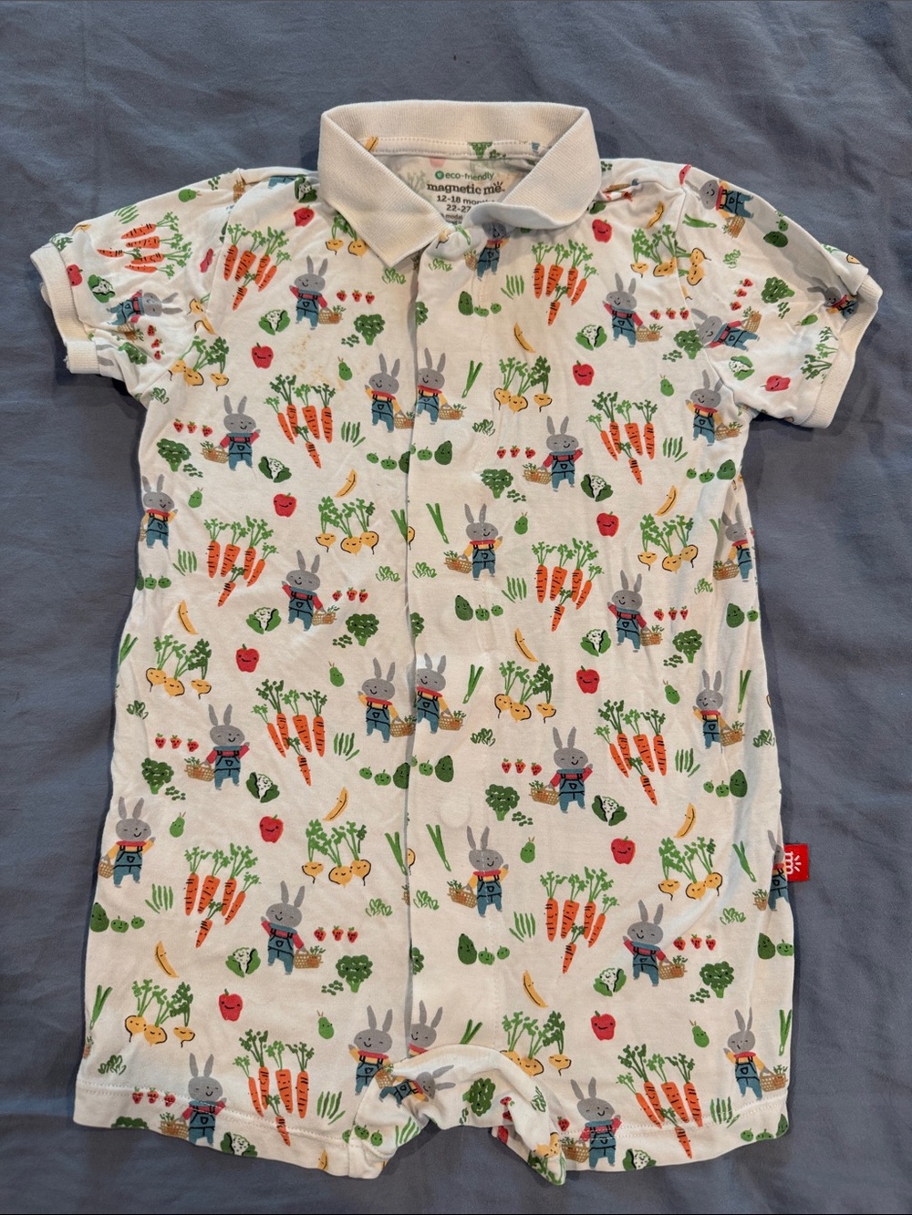 Magnetic Me White Polo Romper with Bunny & Vegetable Print